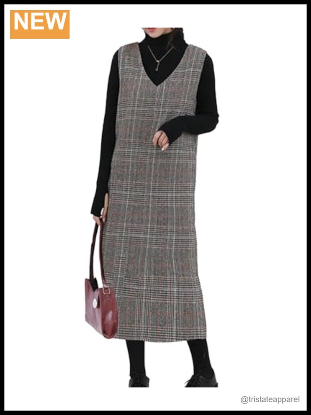 Plaid Wool Jumper Overall Dress Sleeveless V Neck Midi Pullover Tank Vest